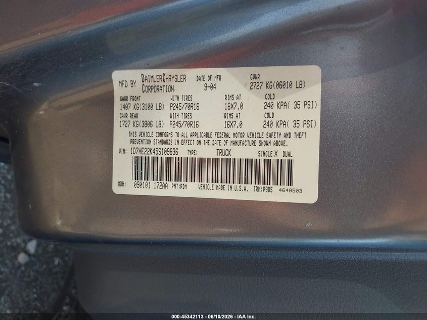 2005 Dodge Dakota VIN 1D7HE22K45S109836 IAAI salvage auction — FRONT END, Salvage (Tennessee), sold $675 on 2026-07-09 (photo 9)