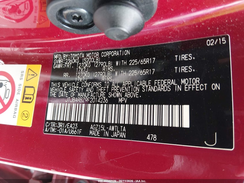 2015 Lexus Nx VIN JTJBARBZ9F2014236 IAAI salvage auction — FRONT END, Salvage (Texas), sold $2,850 on 2026-07-06 (photo 9)