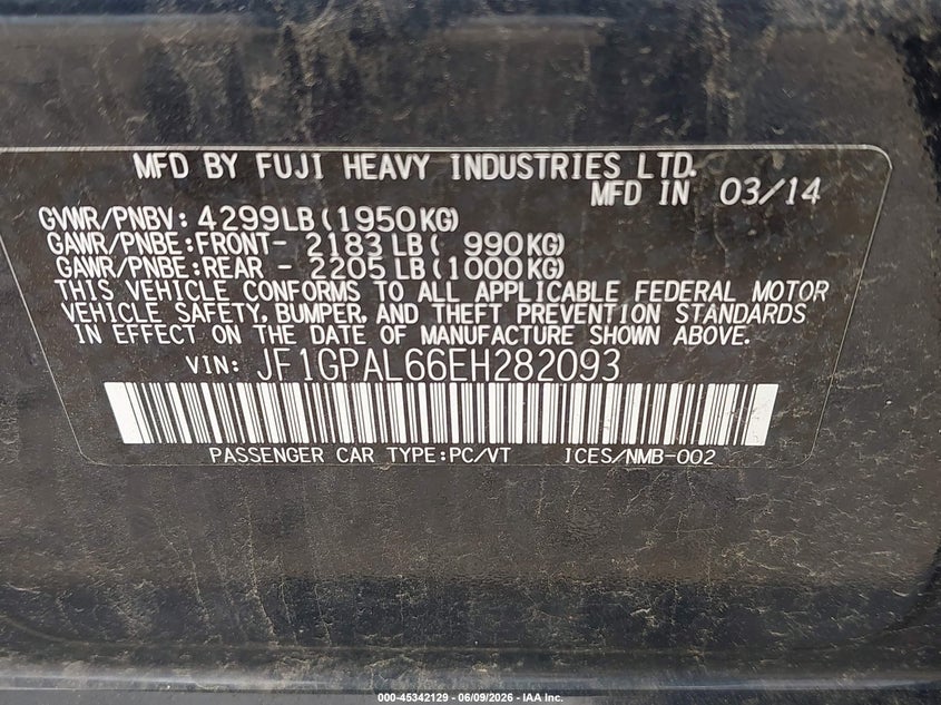 2014 Subaru Impreza VIN JF1GPAL66EH282093 IAAI salvage auction — FRONT END, Salvage (Ohio), sold $1,050 on 2026-07-29 (photo 9)