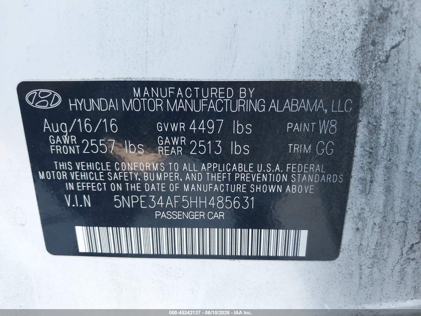 2017 Hyundai Sonata VIN 5NPE34AF5HH485631 IAAI salvage auction — FRONT END, Salvage Title, sold $1,900 on 2026-07-11 (photo 9)