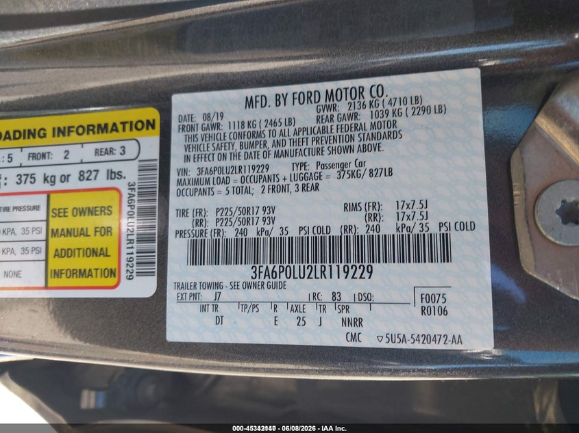 2020 Ford Fusion VIN 3FA6P0LU2LR119229 IAAI salvage auction — NORMAL WEAR, Sf97 (New Hampshire), sold $8,600 on 2026-07-31 (photo 9)