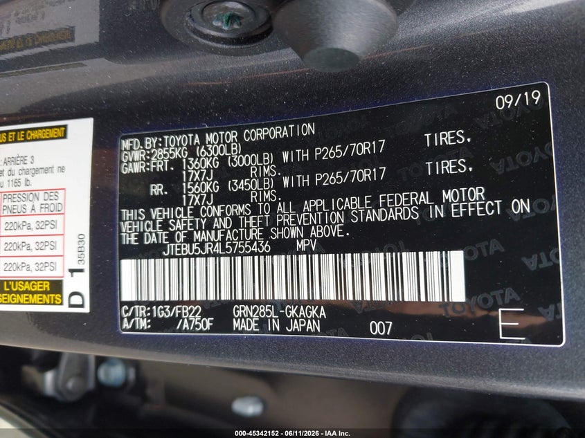 2020 Toyota 4runner VIN JTEBU5JR4L5755436 IAAI salvage auction — LEFT SIDE, Salvage Title, sold $14,100 on 2026-07-28 (photo 9)