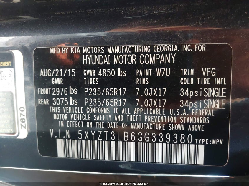 2016 Hyundai Santa fe VIN 5XYZT3LB6GG339380 IAAI salvage auction — NORMAL WEAR, Salvage Title, sold $2,300 on 2026-07-17 (photo 9)