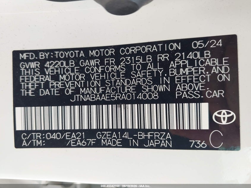 2024 Toyota Corolla VIN JTNABAAE5RA014008 IAAI salvage auction — LEFT FRONT, Salvage Title, sold $14,500 on 2026-07-30 (photo 9)