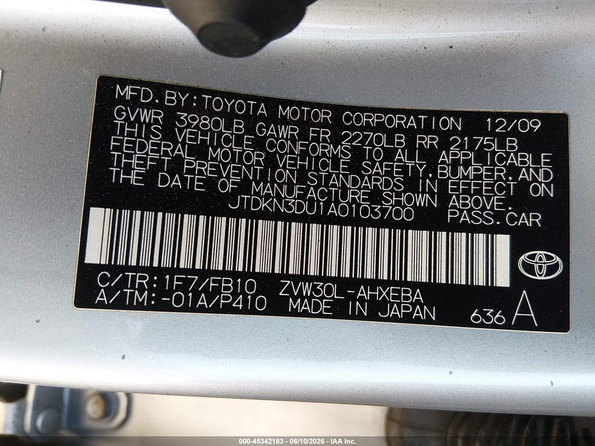 2010 Toyota Prius VIN JTDKN3DU1A0103700 IAAI salvage auction — REAR END, Salvage (California), sold $1,350 on 2026-07-29 (photo 9)