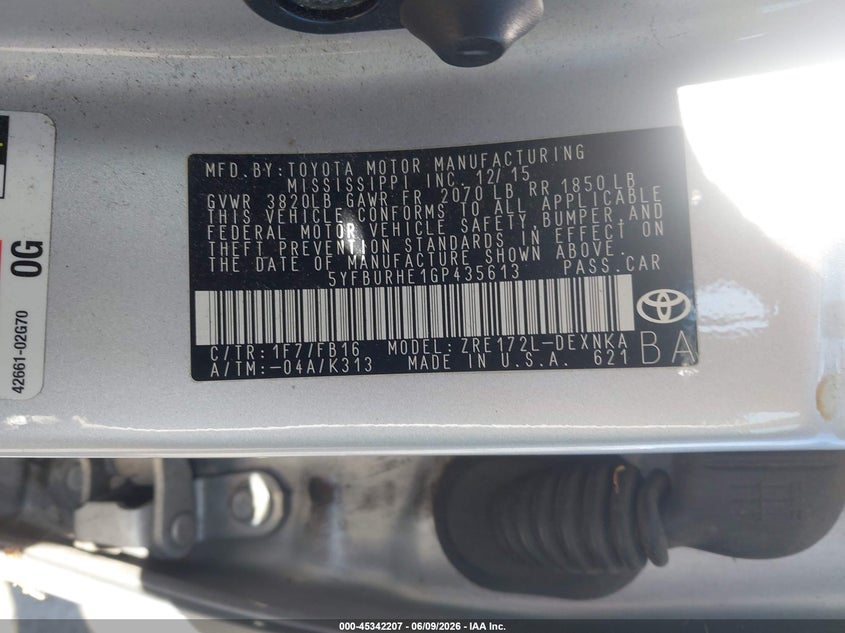2016 Toyota Corolla VIN 5YFBURHE1GP435613 IAAI salvage auction — FRONT END, Salvage Title, sold $2,850 on 2026-07-08 (photo 9)