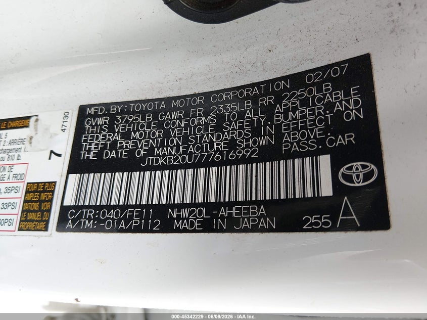 2007 Toyota Prius VIN JTDKB20U777616992 IAAI salvage auction — FRONT END, Salvage (Indiana), sold $350 on 2026-07-15 (photo 9)