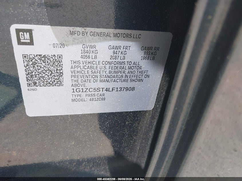 2020 Chevrolet Malibu VIN 1G1ZC5ST4LF137908 IAAI salvage auction — NORMAL WEAR, Sf97 (New Hampshire), sold $25 on 2026-07-23 (photo 9)