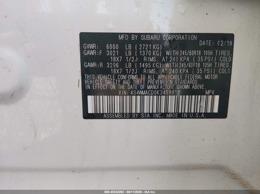 2019 Subaru Ascent VIN 4S4WMACD0K3458850 IAAI salvage auction — FRONT END, Salvage (Arkansas), sold $225 on 2026-07-30 (photo 9)