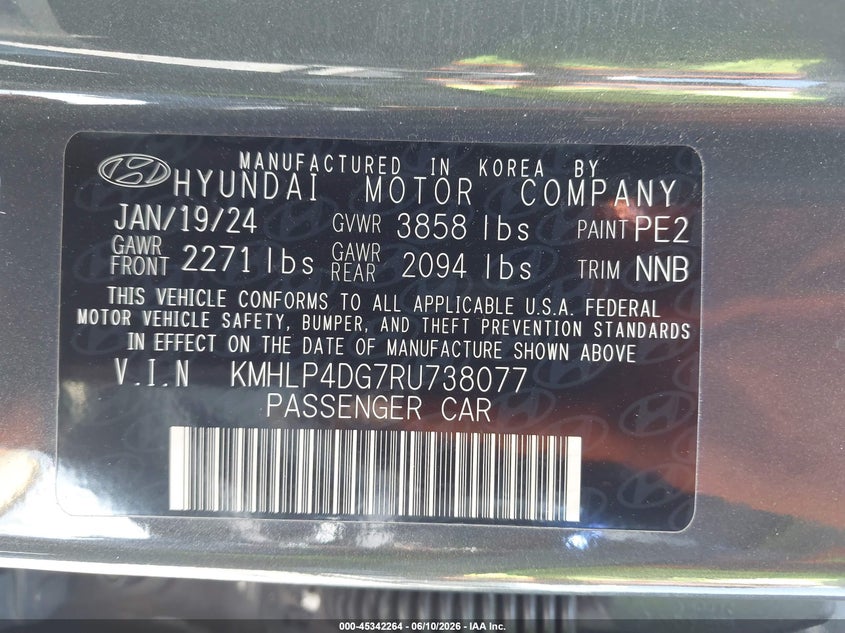 2024 Hyundai Elantra VIN KMHLP4DG7RU738077 IAAI salvage auction — REAR END, Salvage Title, sold $8,650 on 2026-07-20 (photo 9)