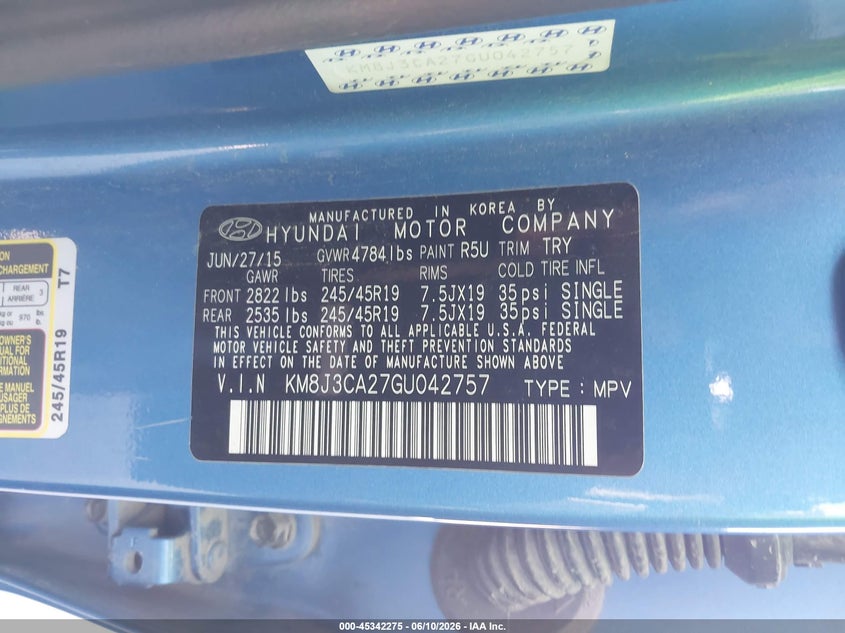 2016 Hyundai Tucson VIN KM8J3CA27GU042757 IAAI salvage auction — LEFT FRONT, Salvage (Illinois), sold $1,475 on 2026-07-28 (photo 9)