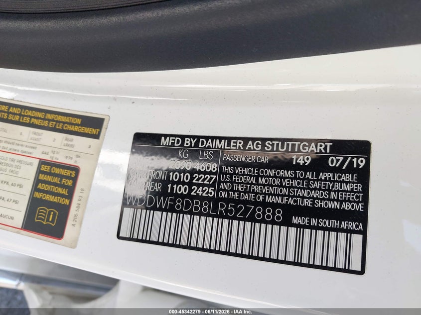 2020 Mercedes-benz C-klasse VIN WDDWF8DB8LR527888 IAAI salvage auction — REAR END, Salvage Title, sold $7,150 on 2026-07-24 (photo 9)