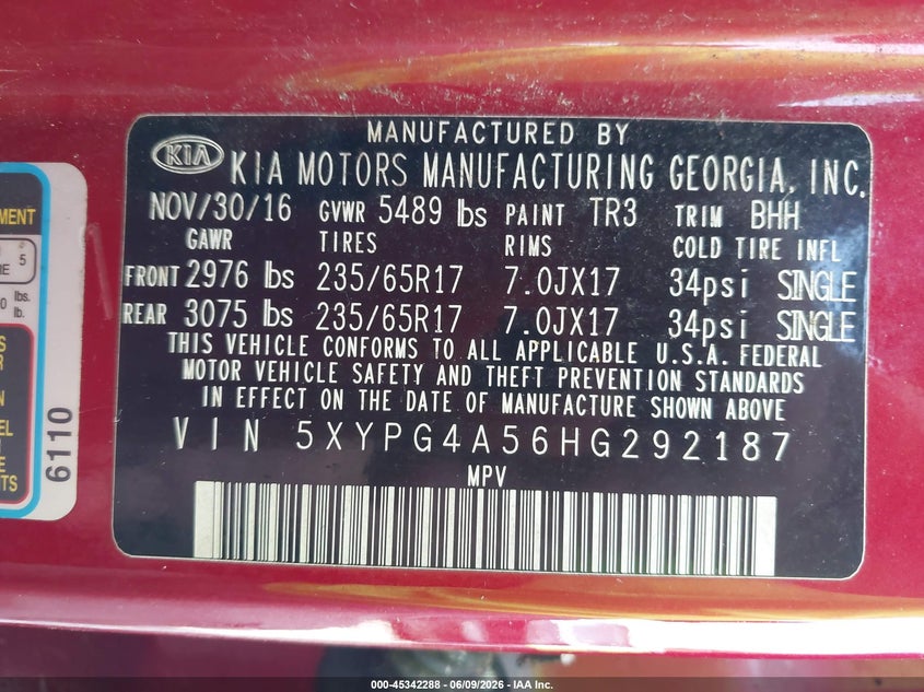 2017 Kia Sorento VIN 5XYPG4A56HG292187 IAAI salvage auction — NORMAL WEAR, Clear (Tennessee), sold $1,400 on 2026-07-20 (photo 9)