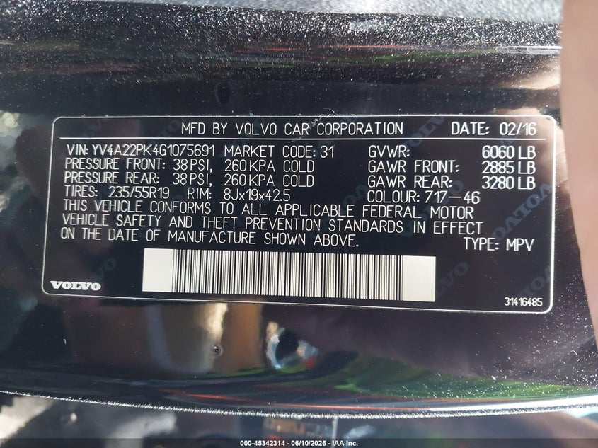 2016 Volvo Xc90 VIN YV4A22PK4G1075691 IAAI salvage auction — STRIPPED, Salvage Title, sold $2,250 on 2026-07-28 (photo 9)