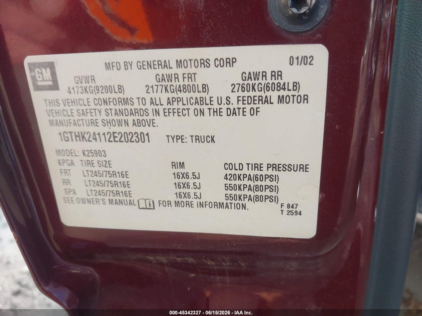 2002 Gmc SIERRA VIN 1GTHK24112E202301 IAAI salvage auction — NORMAL WEAR, Clear (New York), sold $450 on 2026-07-22 (photo 9)