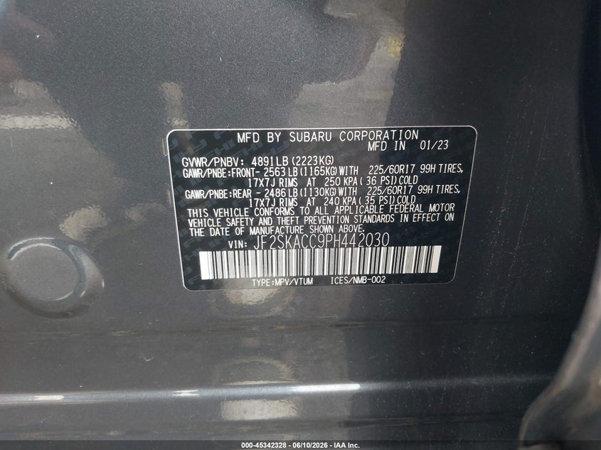 2023 Subaru Forester VIN JF2SKACC9PH442030 IAAI salvage auction — FRONT END, Salvage Title, sold $3,150 on 2026-07-29 (photo 9)