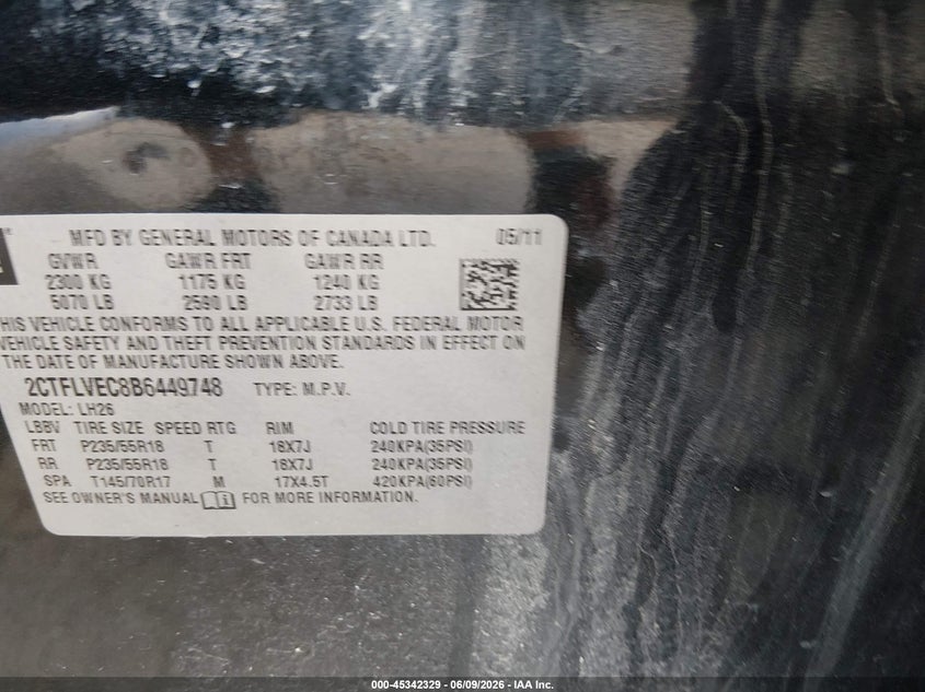 2011 Gmc Terrain VIN 2CTFLVEC8B6449748 IAAI salvage auction — FRONT END, Salvage (Kansas), sold $1,325 on 2026-07-24 (photo 9)