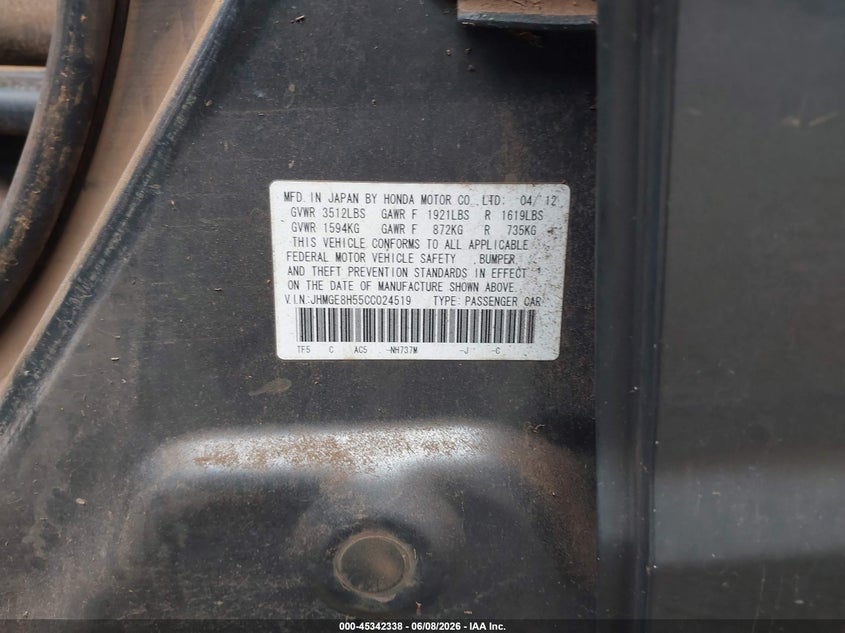2012 Honda Fit VIN JHMGE8H55CC024519 IAAI salvage auction — WATER/FLOOD, Salvage Title, sold $100 on 2026-07-28 (photo 9)