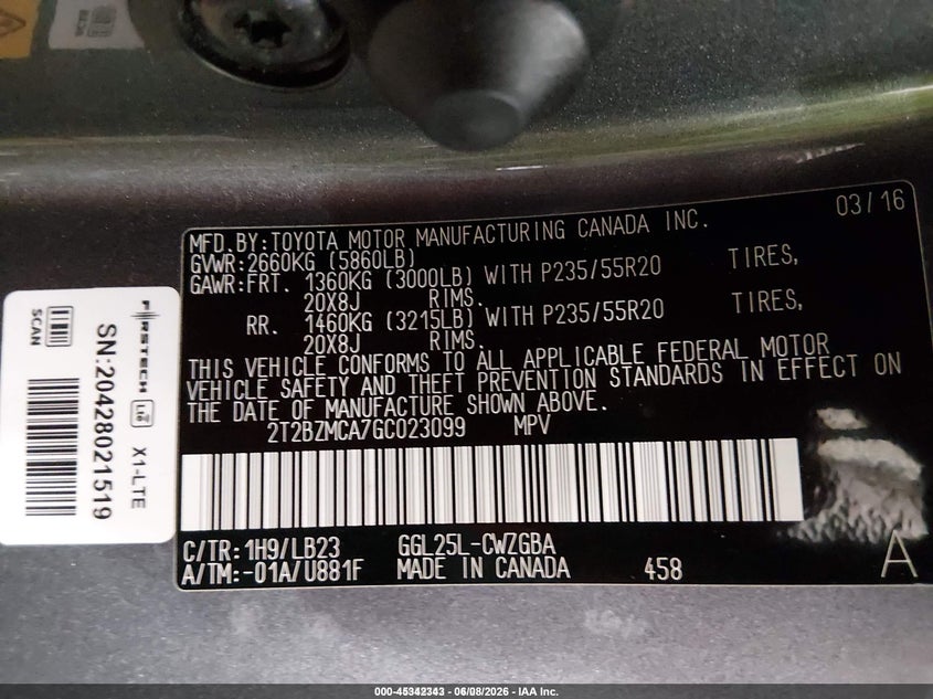 2016 Lexus Rx VIN 2T2BZMCA7GC023099 IAAI salvage auction — FRONT & REAR, Salvage (Idaho), sold $8,050 on 2026-09-04 (photo 9)