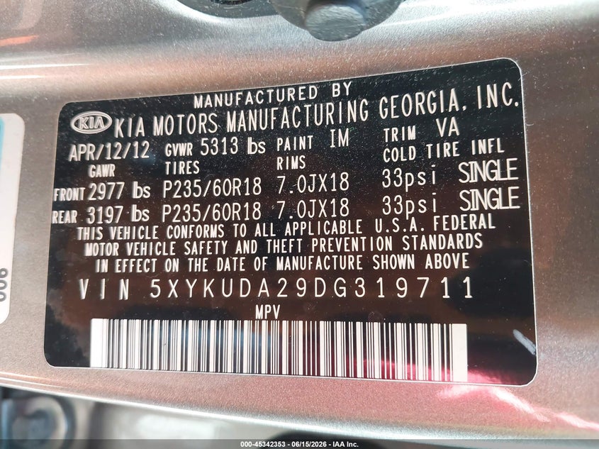 2013 Kia Sorento VIN 5XYKUDA29DG319711 IAAI salvage auction — FRONT END, Salvage - Greater Than 75% (Maryland), sold $1,050 on 2026-07-29 (photo 9)