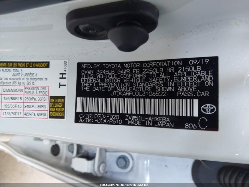 2020 Toyota Prius VIN JTDKARFU0L3106522 IAAI salvage auction — LEFT FRONT, Salvage Title, sold $5,600 on 2026-07-23 (photo 9)