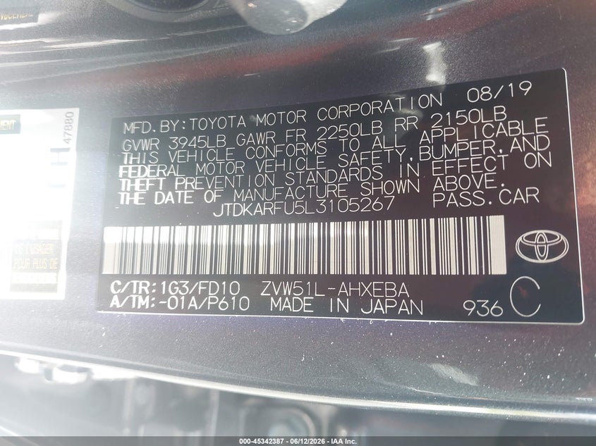 2020 Toyota Prius VIN JTDKARFU5L3105267 IAAI salvage auction — FRONT END, Certificate Of Destruction (Florida), sold $3,275 on 2026-07-23 (photo 9)