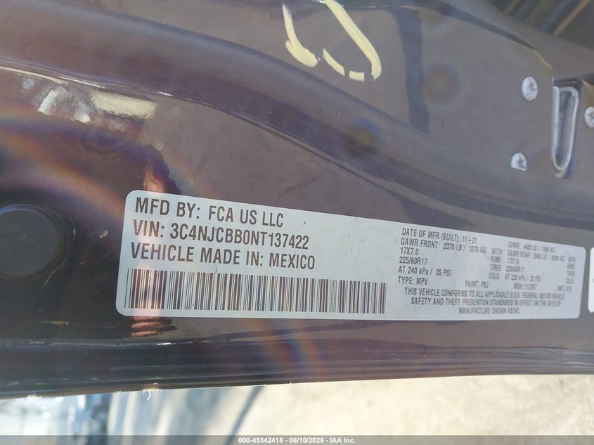 2022 Jeep Compass VIN 3C4NJCBB0NT137422 IAAI salvage auction — FRONT & REAR, Salvage Title, sold $3,900 on 2026-07-24 (photo 9)