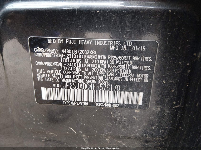 2015 Subaru Forester VIN JF2SJADC4FH576170 IAAI salvage auction — LEFT FRONT, Salvage (Vermont), sold $1,850 on 2026-07-05 (photo 9)