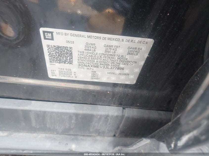 2018 Chevrolet Equinox VIN 3GNAXMEV3JL377896 IAAI salvage auction — FRONT END, Salvage (Virginia), sold $375 on 2026-07-19 (photo 9)