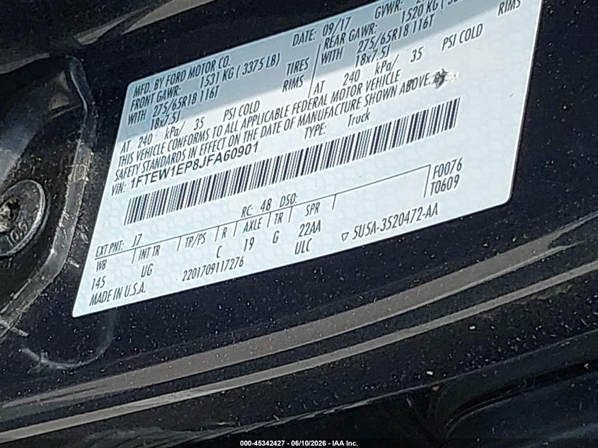 2018 Ford F-150 VIN 1FTEW1EP8JFA60901 IAAI salvage auction — STORM DAMAGE, Clear (Indiana), sold $4,000 on 2026-07-19 (photo 9)