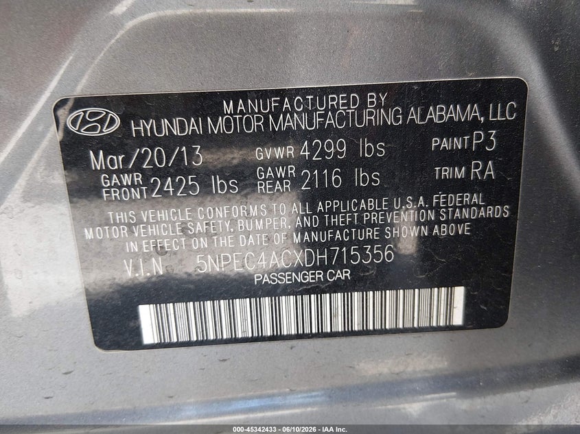 2013 Hyundai Sonata VIN 5NPEC4ACXDH715356 IAAI salvage auction — REAR END, Salvage Title, sold $575 on 2026-07-30 (photo 9)