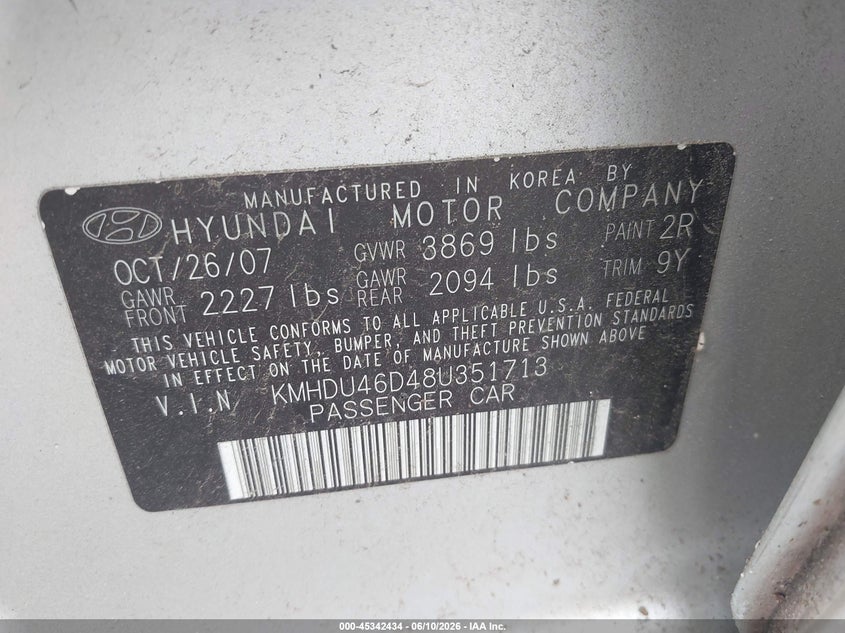 2008 Hyundai Elantra VIN KMHDU46D48U351713 IAAI salvage auction — FRONT END, Clear (New York), sold $475 on 2026-07-07 (photo 9)
