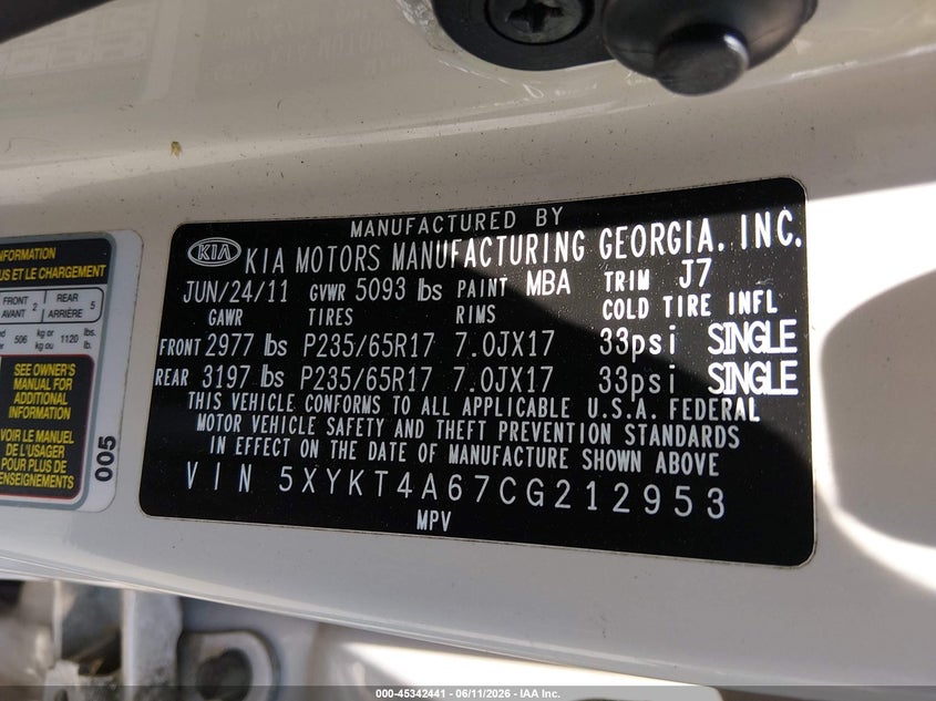 2012 Kia Sorento VIN 5XYKT4A67CG212953 IAAI salvage auction — RIGHT FRONT, Salvage Title, sold $925 on 2026-07-22 (photo 9)