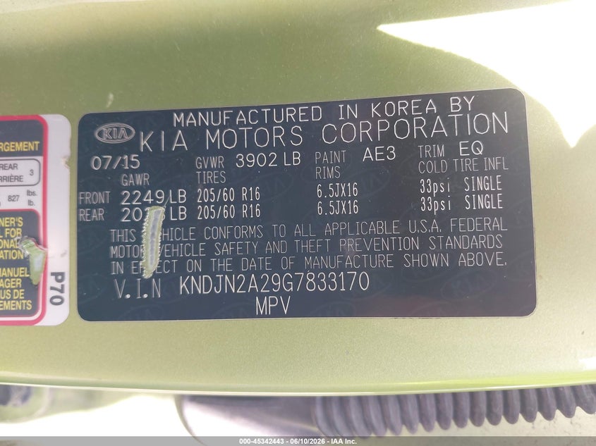 2016 Kia Soul VIN KNDJN2A29G7833170 IAAI salvage auction — RIGHT SIDE, Clear (Indiana), sold $625 on 2026-07-28 (photo 9)