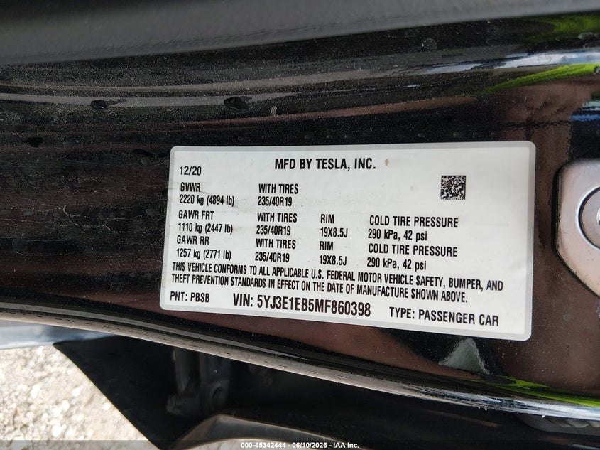 2021 Tesla Model 3 VIN 5YJ3E1EB5MF860398 IAAI salvage auction — FRONT END, Salvage (Arkansas), sold $8,050 on 2026-07-09 (photo 9)