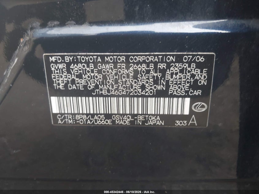 2007 Lexus ES VIN JTHBJ46G472034201 IAAI salvage auction — FRONT END, Salvage (New Jersey), sold $450 on 2026-07-18 (photo 9)