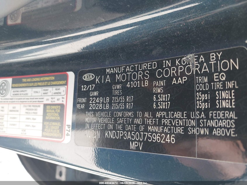 2018 Kia Soul VIN KNDJP3A50J7596246 IAAI salvage auction — NORMAL WEAR, Salvage Title, sold $725 on 2026-07-14 (photo 9)