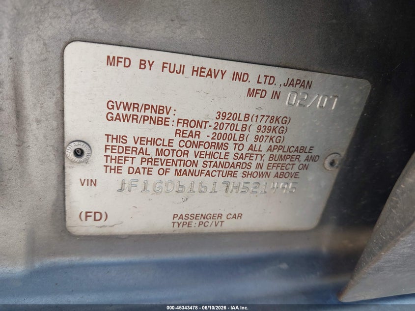 2007 Subaru Impreza VIN JF1GD61617H521495 IAAI salvage auction — REAR END, Salvage (California), sold $400 on 2026-07-15 (photo 9)