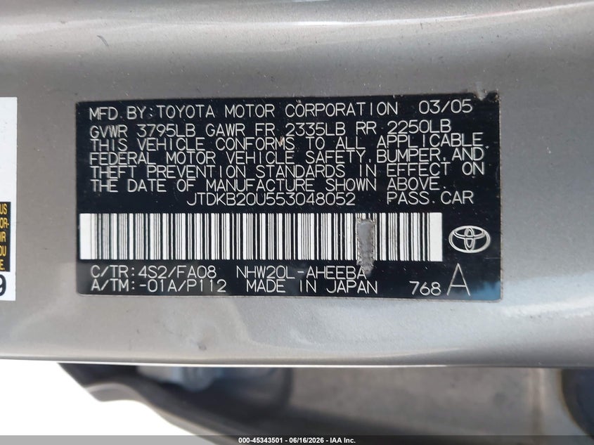 2005 Toyota Prius VIN JTDKB20U553048052 IAAI salvage auction — NORMAL WEAR, Clear (Washington), sold $550 on 2026-07-15 (photo 9)