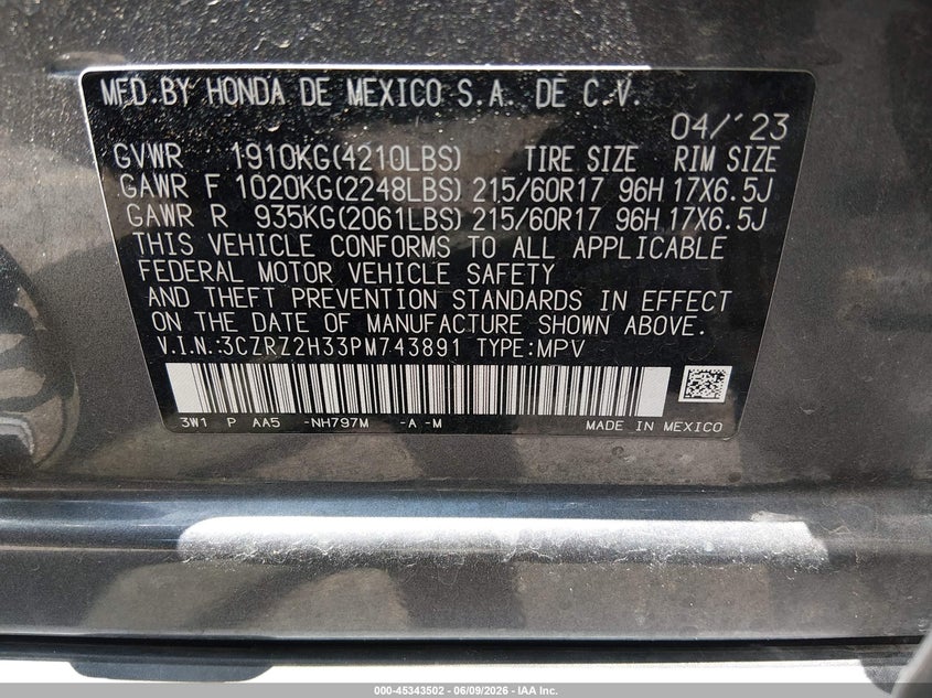 2023 Honda Hr-v VIN 3CZRZ2H33PM743891 IAAI salvage auction — RIGHT SIDE, Salvage (Utah), sold $3,475 on 2026-07-09 (photo 9)