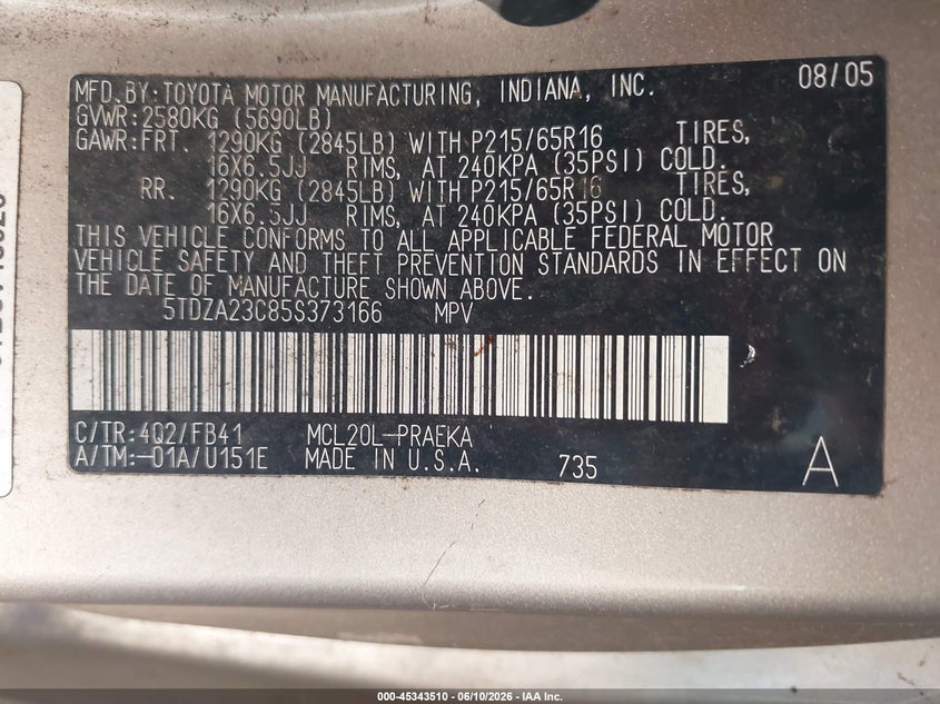 2005 Toyota Sienna VIN 5TDZA23C85S373166 IAAI salvage auction — NORMAL WEAR, Clear (Tennessee), sold $675 on 2026-07-16 (photo 9)