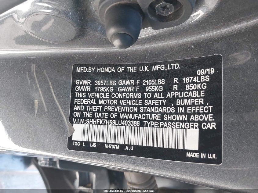 2020 Honda Civic VIN SHHFK7H69LU403386 IAAI salvage auction — RIGHT FRONT, Salvage (California), sold $4,200 on 2026-07-15 (photo 9)
