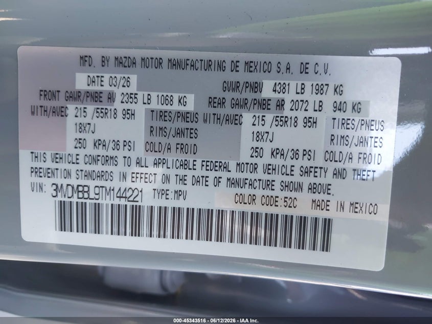 2026 Mazda Cx-30 VIN 3MVDMBBL9TM144221 IAAI salvage auction — REAR END, Salvage Certificate (California), sold $3,800 on 2026-07-22 (photo 9)
