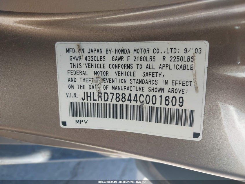 2004 Honda Cr-v VIN JHLRD78844C001609 IAAI salvage auction — NORMAL WEAR, Clear - Dealer Only (California), sold $825 on 2026-07-06 (photo 9)