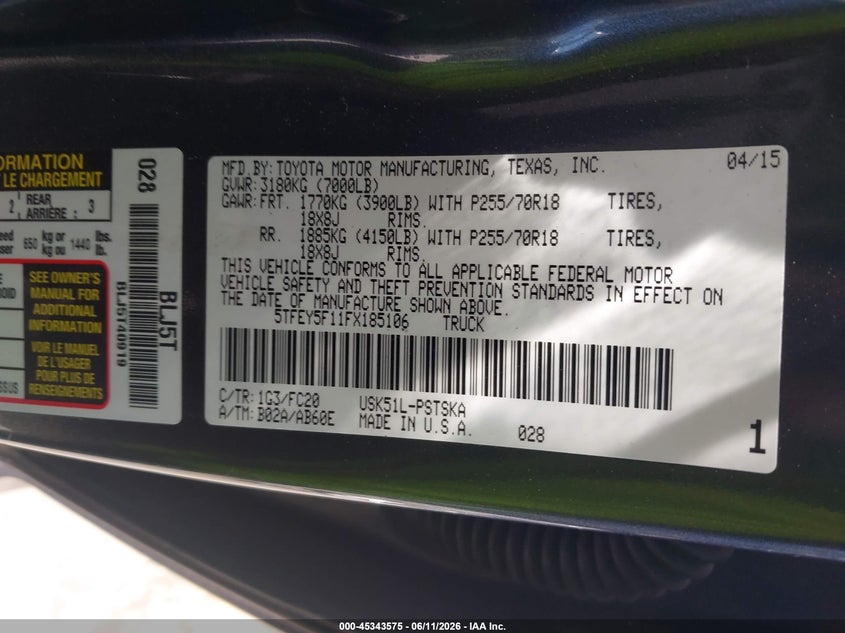 2015 Toyota Tundra VIN 5TFEY5F11FX185106 IAAI salvage auction — FRONT END, Salvage Title, sold $8,100 on 2026-07-11 (photo 9)