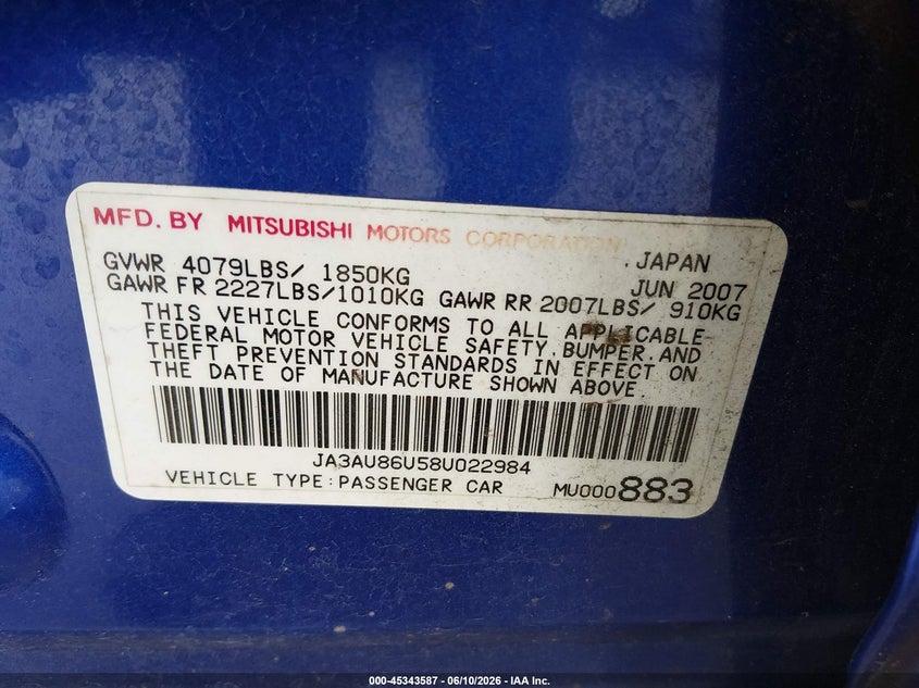 2008 Mitsubishi Lancer VIN JA3AU86U58U022984 IAAI salvage auction — RIGHT FRONT, Bill Of Sale (Washington), sold $850 on 2026-07-24 (photo 9)