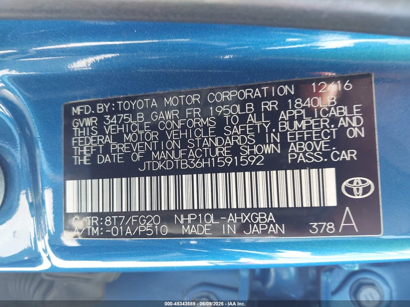 2017 Toyota Prius c VIN JTDKDTB36H1591592 IAAI salvage auction — FRONT & REAR, Salvage (California), sold $2,850 on 2026-07-15 (photo 9)