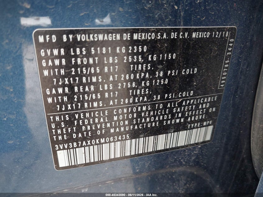 2019 Volkswagen Tiguan VIN 3VV3B7AX0KM063435 IAAI salvage auction — FRONT END, Salvage (Texas), sold $2,750 on 2026-08-03 (photo 9)