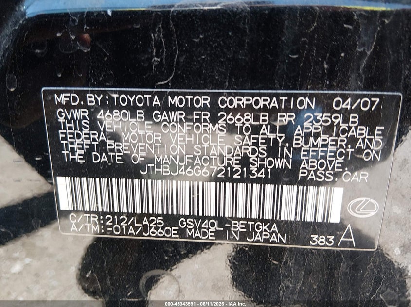 2007 Lexus Es 350 VIN JTHBJ46G672121341 IAAI salvage auction — REAR END, Certificate Of Title (Nebraska), sold $2,125 on 2026-07-09 (photo 9)
