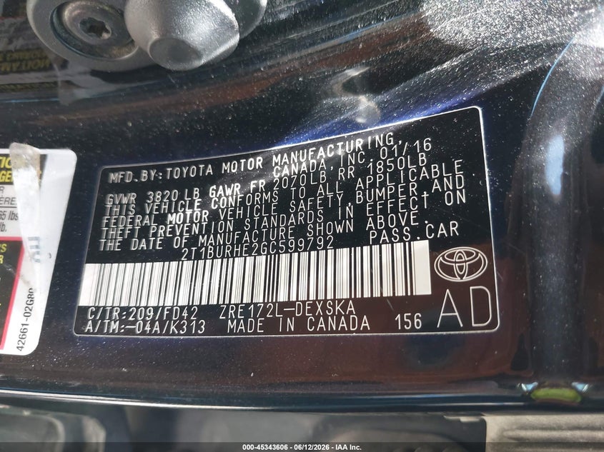 2016 Toyota Corolla VIN 2T1BURHE2GC599792 IAAI salvage auction — FRONT & REAR, Salvage (Missouri), sold $1,675 on 2026-08-08 (photo 9)